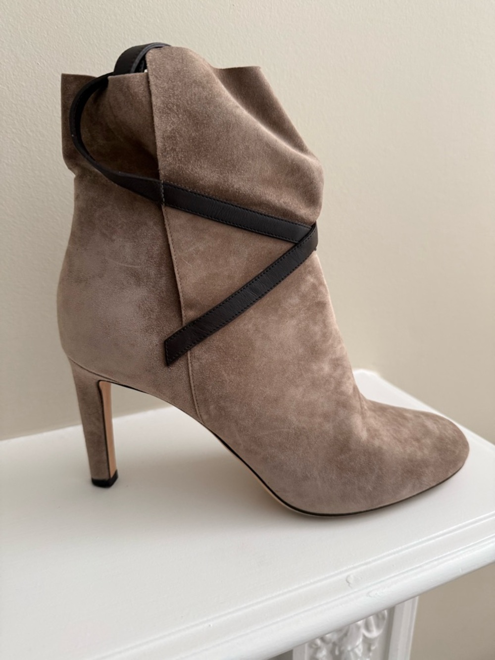 Jimmy Choo Light Mocha Cashmere Suede Ankle Boot with Dark Brown Strap